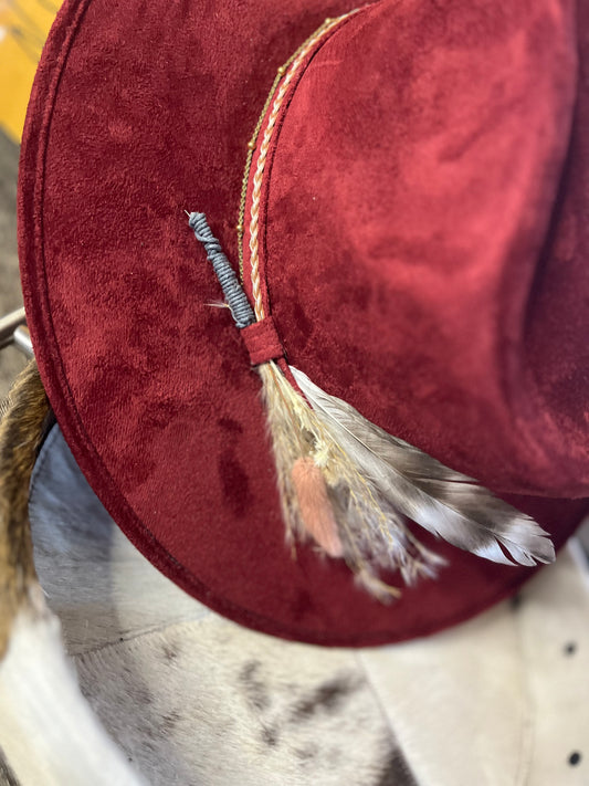 Burgandy red vegan suede rancher cowboy hat with dried flowers,feathers dainty gold chain with gold studs on the brim