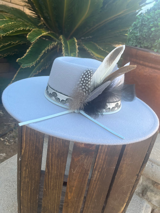 Custom Grey Country-Boho Fedora Hat with black and white band, feathers and dainty silver chain accent
