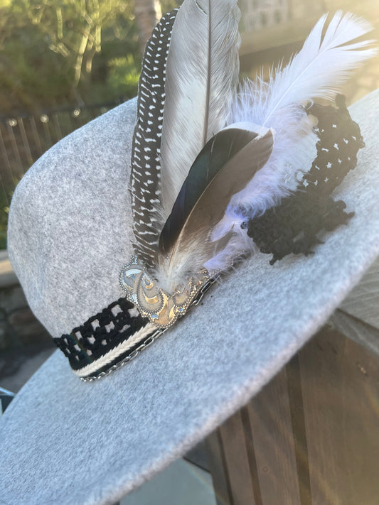 Custom Grey Country-Boho Fedora Hat with silver chain band buckle accent with feathers