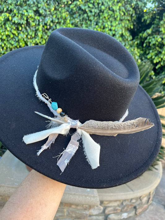 Custom BlackFelt Hat with Feathers, Handcrafted  Black felt hat with grey and white twisted band accent pin with beads and a feather