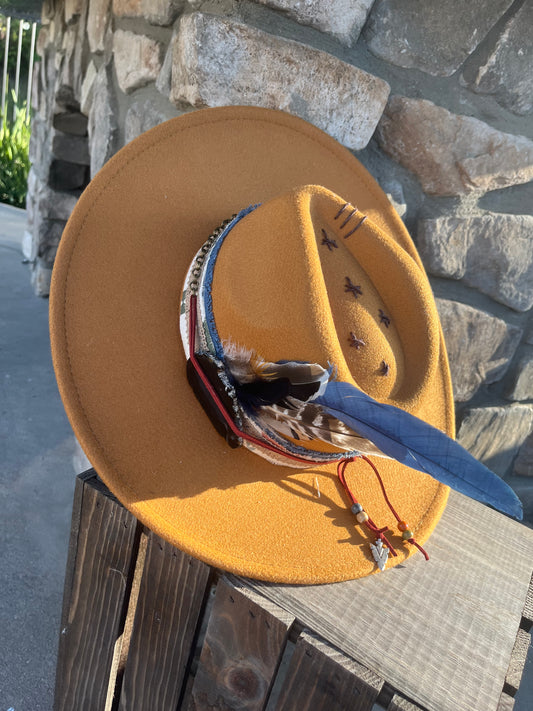 Brown Felt Fedora Hat with Handcrafted Western Elegance has a bold and beautiful band with feathers and an  amazing unique stone accent