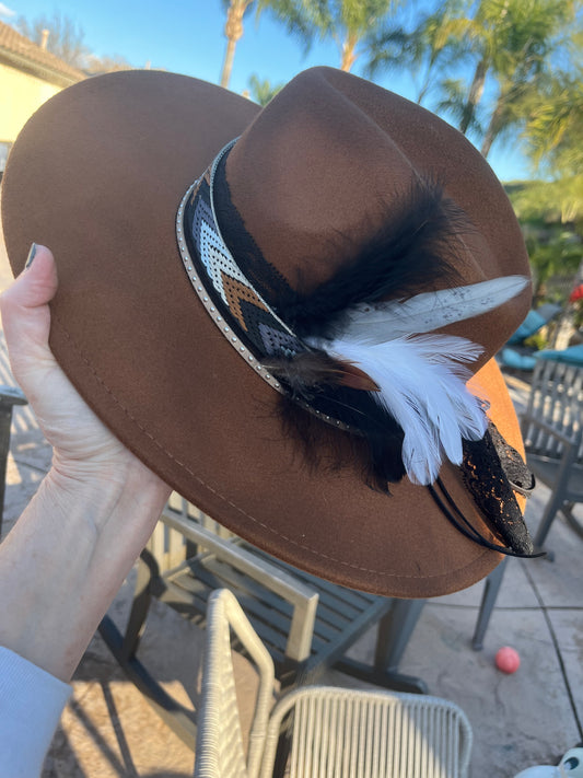 Brown Felt Fedora Hat with Handcrafted Western Elegance has a braided band with lace beautiful feathers,horseshoe and star charms