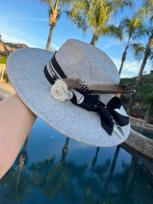 Custom Grey Country-Boho Fedora Hat with black and white band burlap flower and beautiful feathers