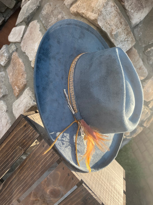 Custom made  blue western boho chic fedora hat with rope and lace band. brown feather and dried grass