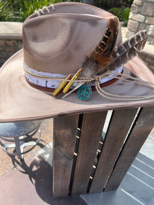 Brown hand burnt vegan suede rancher cowboy hat with and scripted band burlap rope, turquoise charm and bullet accent