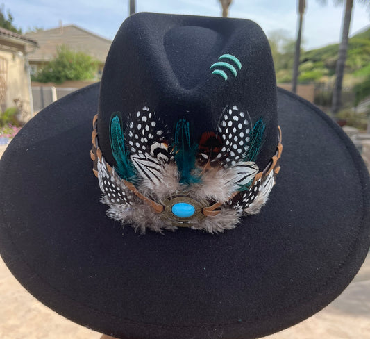 Custom BlackFelt Hat with Feathers, Handcrafted  Black felt hat with brown and black crisscross band tourquse jewel and  feathers