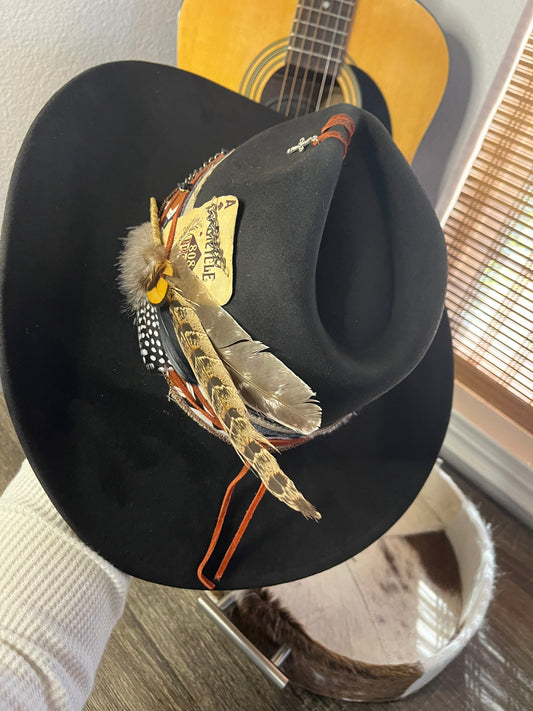 Black  vegan suede rancher cowboy hat with Aztec band leather rope feathers cross charm on crown playing card accent with medal chain