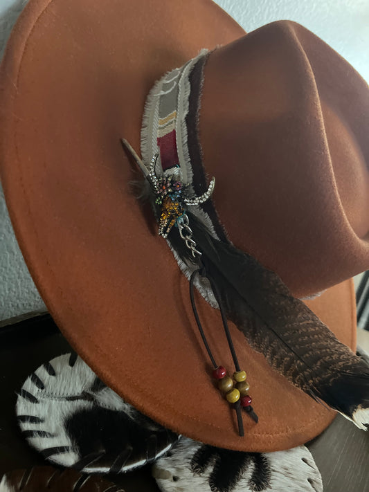 Burnt orange western fedora boho chic hat with feathers Aztec style band leather rope with beads and multicolored, rhinestone bull skull pin
