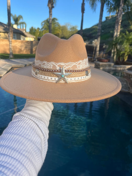 Brown Felt Fedora Hat with Handcrafted Western Elegance has a lace and burlap band with star accents