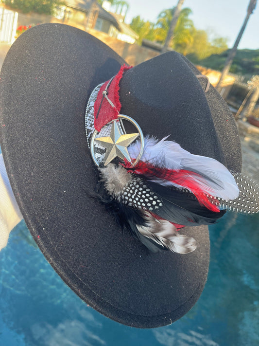 Custom BlackFelt Hat with Feathers, Handcrafted  Black felt hat with red denim and rope band along with metal star accent